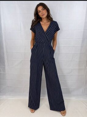 Blu‎ Pepper Navy and White Striped Wrap Jumpsuit Boho